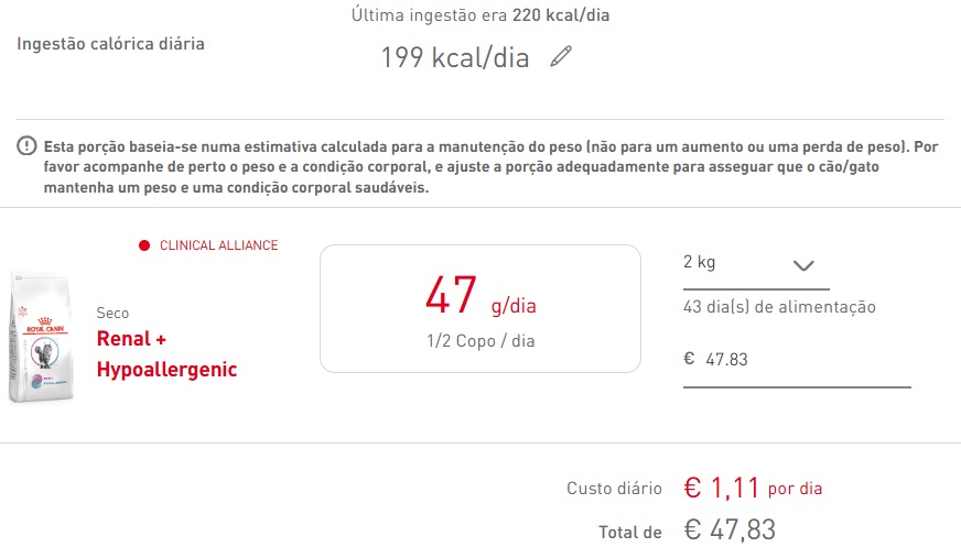 exemplo de dieta prescrita para um gato com digestão e absorção deficientes e hipertensão. No hospital Veterinário ANIMALcare os seus médicos veterinários dispõem de ferramenta informáticas que lhe permite prescrever a dieta correta e ajustada a uma ou mais doenças. Muitas vezes a simples dieta corrige os problemas e é suficiente para uma vida saudável. Adaptação da alimentação à idade e doenças