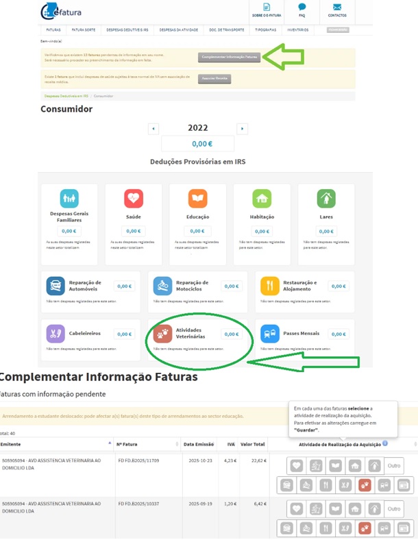 e-fatura atividades veterinárias