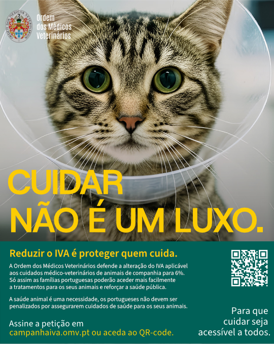 Figura 1 -Cartaz de julho de 2026 usado no lançamento da Campanha de Redução de IVA em Portugal para os serviços médico-veterinários de animais de companhia dos atuais 23% para os 6%. Esta campanha é uma prioridade estratégica para a Ordem dos Médicos Veterinários há vários anos e vários setores da comunidade. Atualmente o IVA aplicado a serviços para animais de produção é de 6% e aos animais de companhia é de 23%.